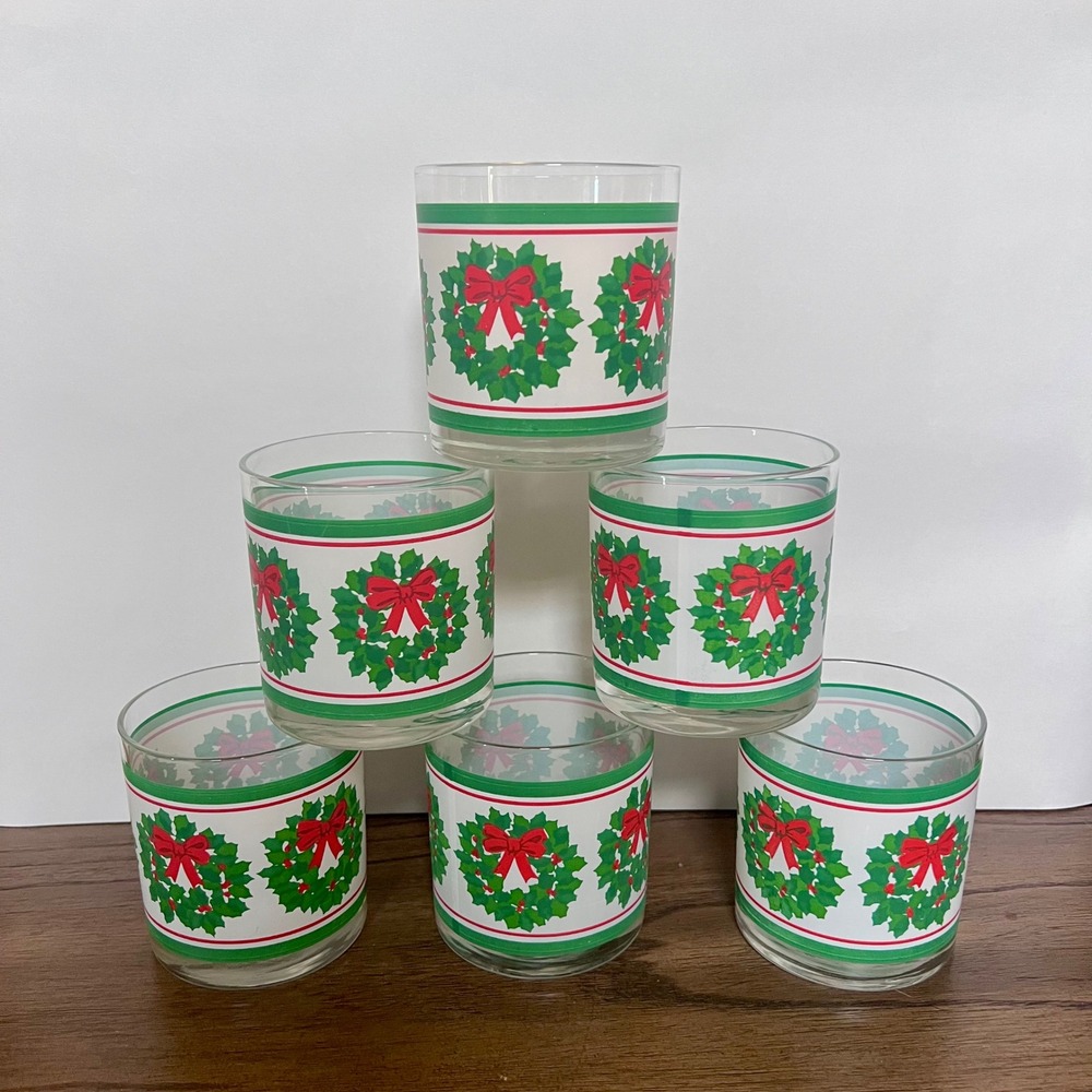Vintage‎ 70s Christmas Wreath Lowball Glasses Set of 6 Red Bow Holiday Barware